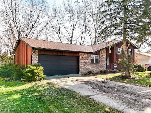 view of front of home featuring a garage, driveway, board and batten siding, and brick siding