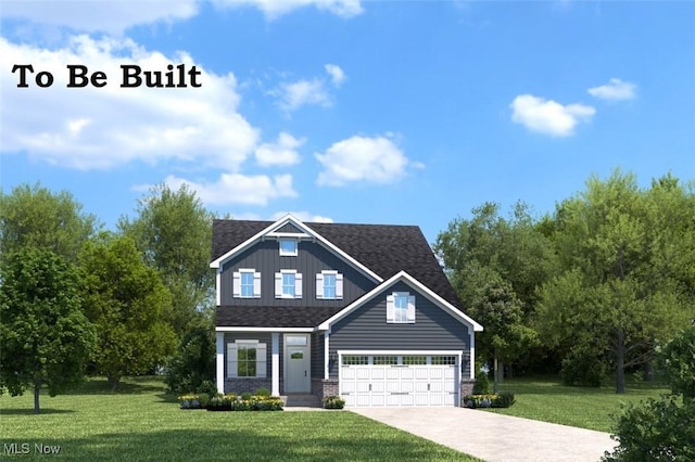 view of front facade with roof with shingles, an attached garage, board and batten siding, driveway, and a front lawn