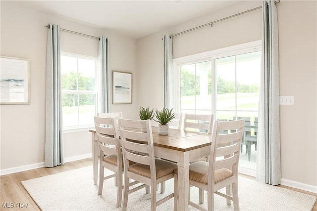 dining room featuring light wood-style flooring and baseboards