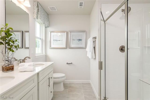 bathroom with a stall shower, visible vents, and toilet