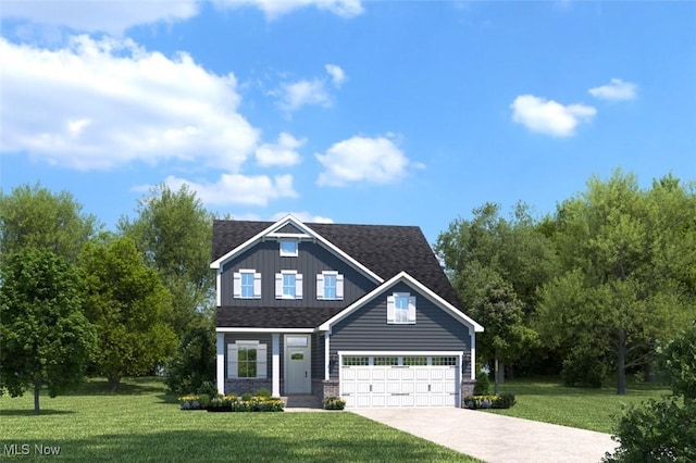 view of front of house featuring roof with shingles, an attached garage, board and batten siding, a front yard, and driveway