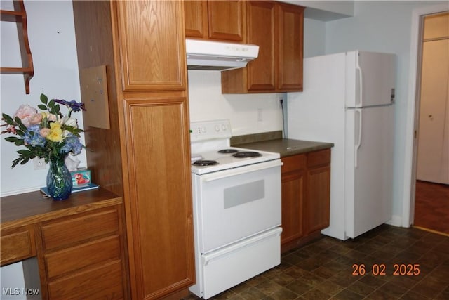 255 N Portage Path Unit 208, Akron, OH 44303 - kitchen with under cabinet range hood, white appliances, dark countertops, and brown cabinets
