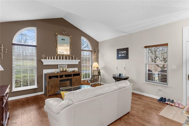 living area with lofted ceiling, wood finished floors, plenty of natural light, and a glass covered fireplace