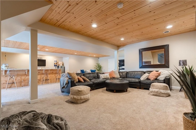 living room with wooden ceiling, baseboards, carpet flooring, and recessed lighting