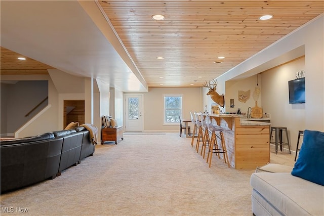 interior space featuring wooden ceiling, carpet flooring, and recessed lighting