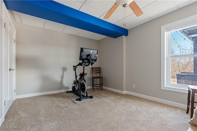 workout room featuring a paneled ceiling, baseboards, a healthy amount of sunlight, and carpet flooring