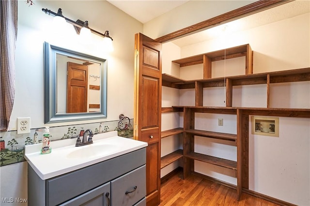 bathroom with wood finished floors and vanity