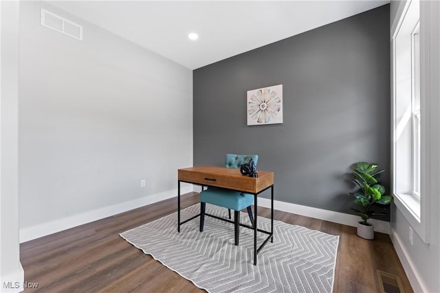 office featuring recessed lighting, wood finished floors, visible vents, and baseboards