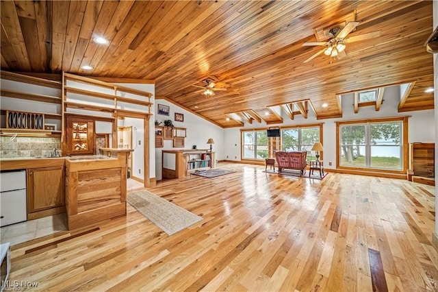 unfurnished living room with light wood-type flooring, wood ceiling, vaulted ceiling, and ceiling fan