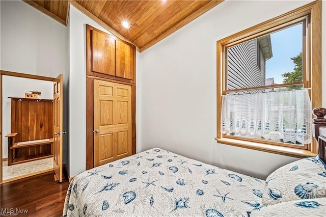 bedroom with lofted ceiling, wooden ceiling, dark wood-style flooring, and recessed lighting