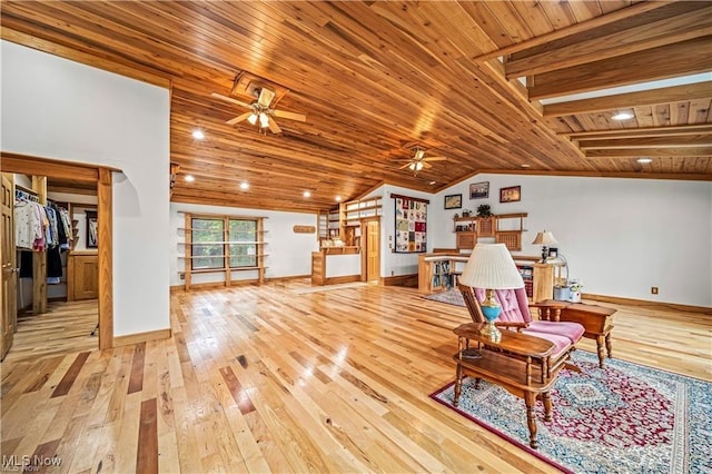 living area with ceiling fan, wooden ceiling, baseboards, vaulted ceiling, and light wood finished floors