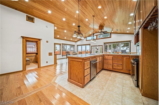 kitchen with stainless steel gas stove, wood ceiling, brown cabinets, decorative light fixtures, and light wood-style floors