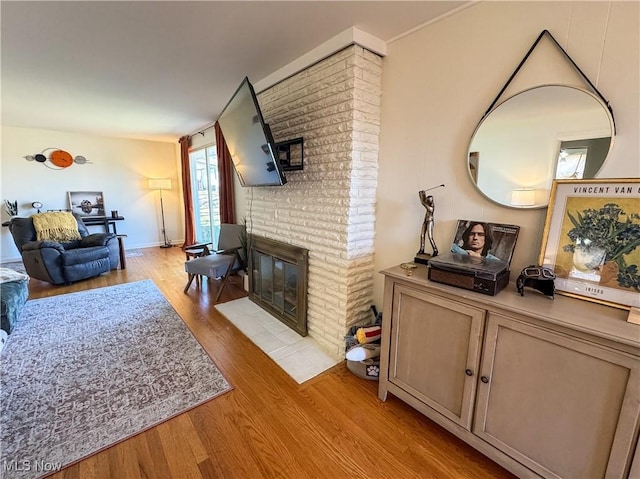 living room featuring a fireplace and light wood-style flooring