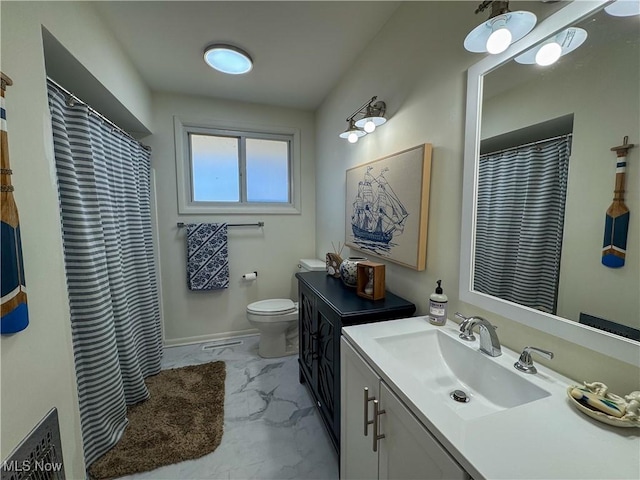 full bathroom with toilet, marble finish floor, vanity, and baseboards