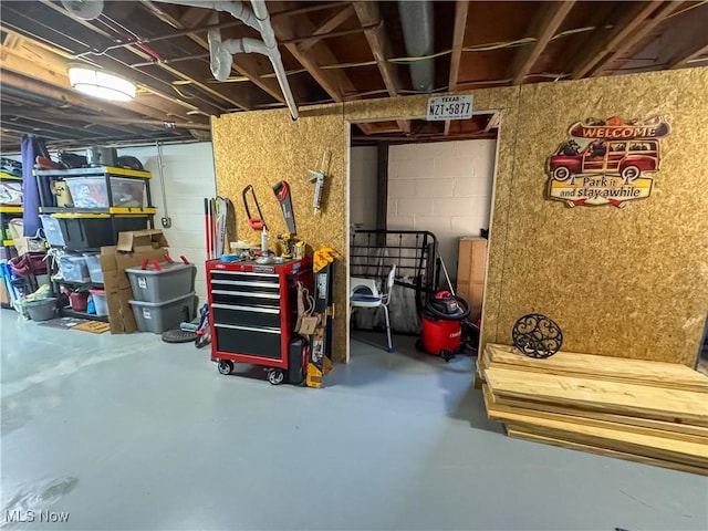 unfinished basement with concrete block wall