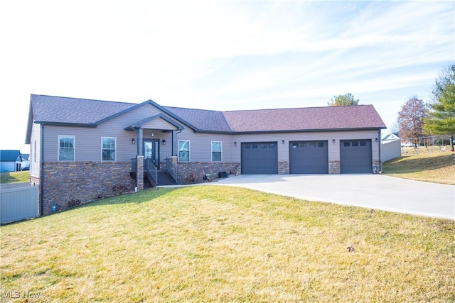 ranch-style house featuring a front yard, fence, a garage, stone siding, and driveway