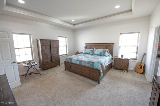 bedroom with a raised ceiling and multiple windows