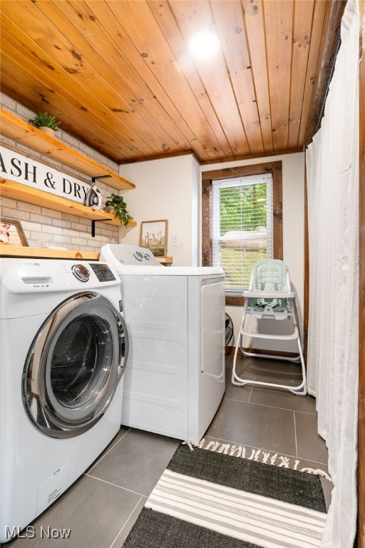 8950 County Road 292, Millersburg, OH 44654 - laundry room featuring laundry area, wood ceiling, washing machine and dryer, and dark tile patterned flooring