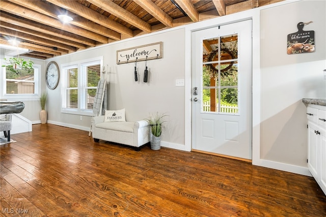8950 County Road 292, Millersburg, OH 44654 - entryway with wood ceiling, baseboards, dark wood-type flooring, and beamed ceiling