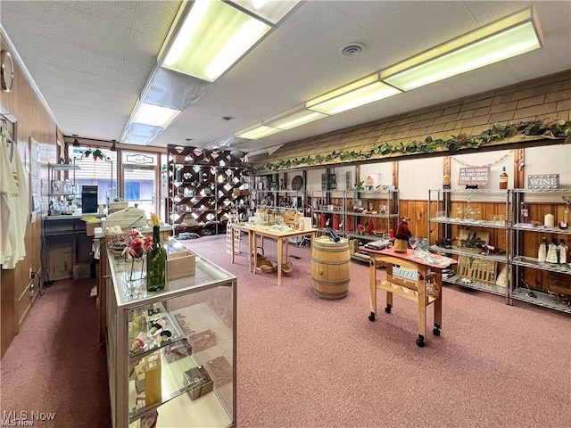 game room featuring carpet floors, visible vents, and a workshop area