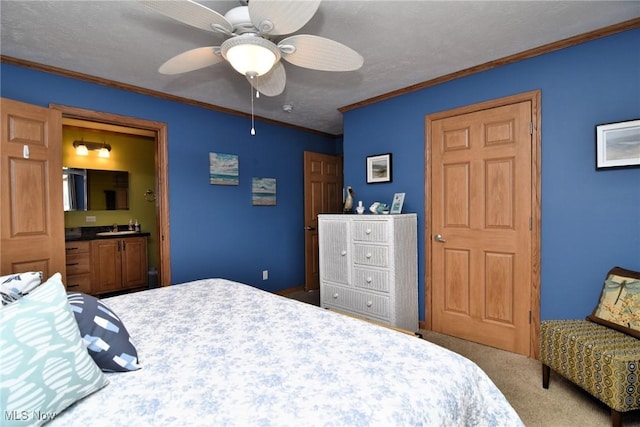 5655 E Windjamer Ave, Lakeside-Marblehead, OH 43440 - bedroom with ceiling fan, carpet flooring, connected bathroom, and crown molding