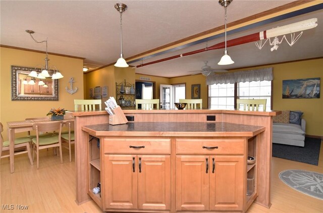 5655 E Windjamer Ave, Lakeside-Marblehead, OH 43440 - kitchen with dark countertops, light wood-style flooring, ornamental molding, and open shelves