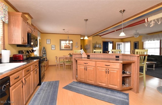5655 E Windjamer Ave, Lakeside-Marblehead, OH 43440 - kitchen featuring pendant lighting, black appliances, light wood finished floors, and crown molding