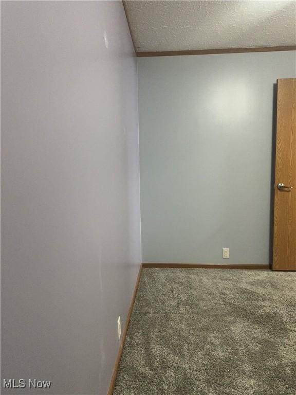 carpeted spare room with baseboards, a textured ceiling, and ornamental molding