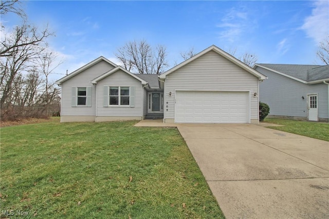 ranch-style house with a garage, a front yard, and concrete driveway