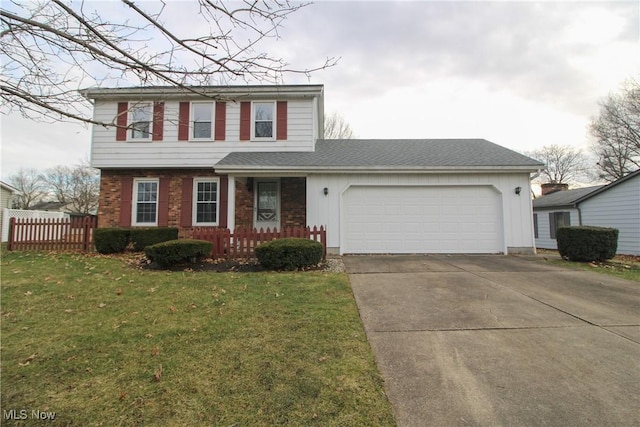 view of front of home with an attached garage, brick siding, fence, concrete driveway, and a front lawn