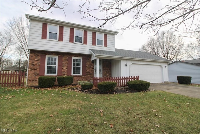 colonial-style house featuring a garage, brick siding, concrete driveway, fence, and a front yard