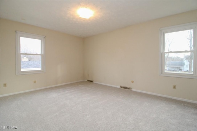 carpeted spare room with visible vents, plenty of natural light, and baseboards