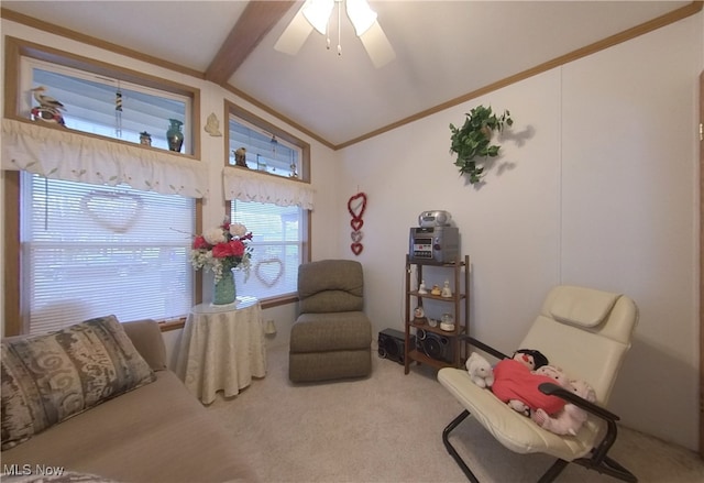 bedroom with crown molding, carpet flooring, ceiling fan, and lofted ceiling with beams