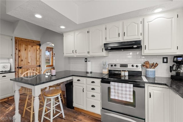 kitchen featuring dark wood-style flooring, tasteful backsplash, electric range, white cabinets, and under cabinet range hood