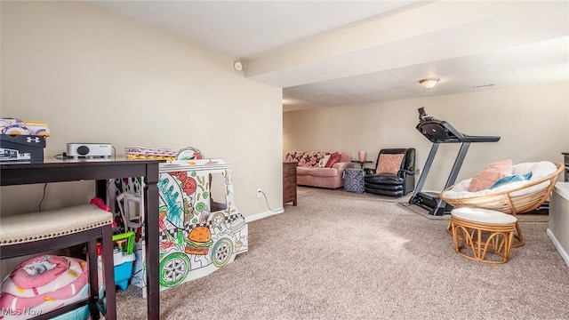 game room with carpet flooring and baseboards