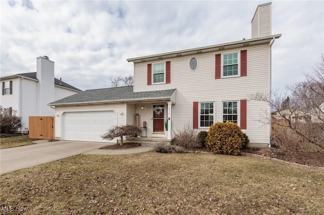 view of front of house with an attached garage, a chimney, concrete driveway, and a front yard