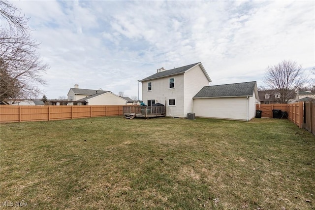 back of property featuring a fenced backyard, a lawn, and a wooden deck