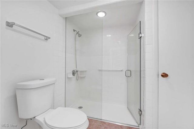 full bathroom featuring a shower stall and toilet