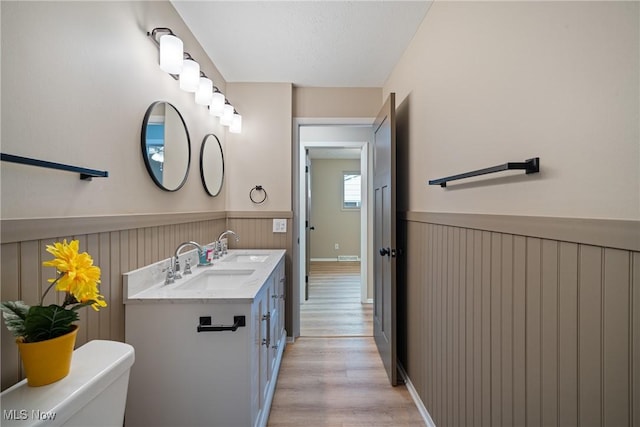 bathroom with toilet, a wainscoted wall, a sink, and wood finished floors