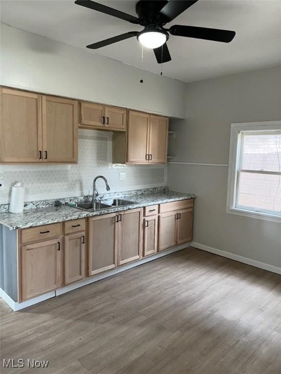 kitchen with light wood finished floors, backsplash, and a sink