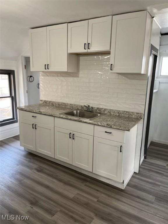 kitchen featuring dark wood-type flooring, decorative backsplash, a sink, and white cabinets