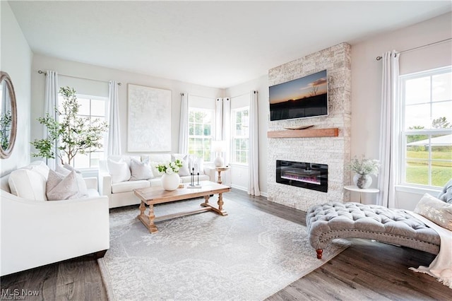 living room with a stone fireplace and wood finished floors