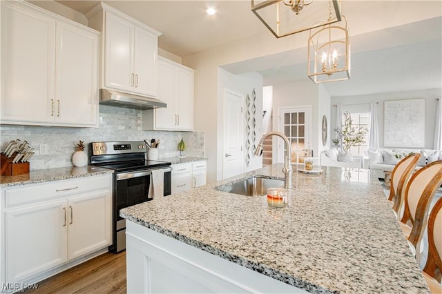 kitchen with white cabinets, decorative backsplash, stainless steel electric range oven, under cabinet range hood, and a sink