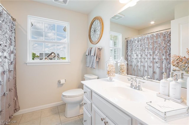 full bath featuring baseboards, visible vents, toilet, tile patterned floors, and vanity