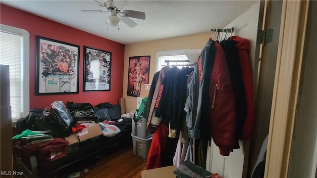 interior space featuring wood finished floors and a ceiling fan