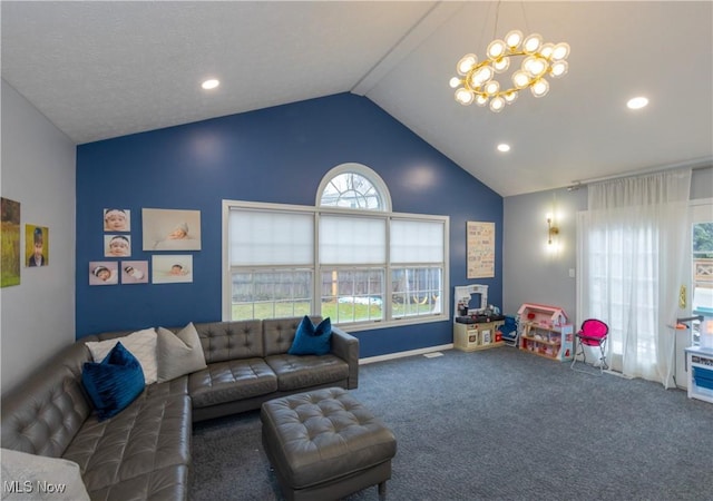 playroom with a chandelier, vaulted ceiling, carpet flooring, and recessed lighting