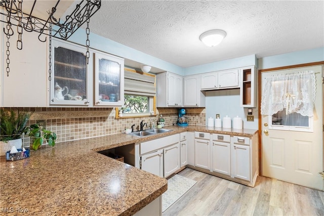 kitchen featuring light wood finished floors, tasteful backsplash, white cabinetry, and a sink