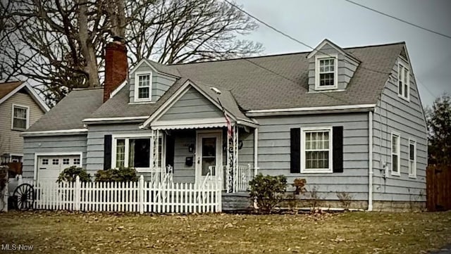 cape cod home featuring a chimney, a fenced front yard, and an attached garage