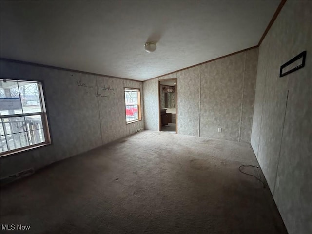 carpeted empty room with ornamental molding