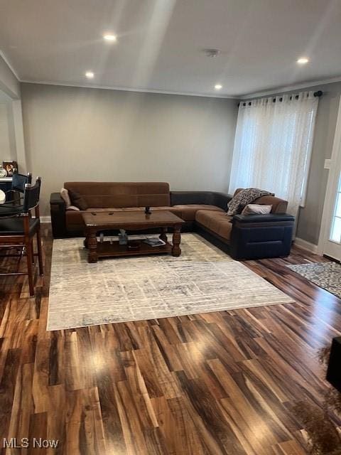 living area featuring baseboards, recessed lighting, wood finished floors, and crown molding